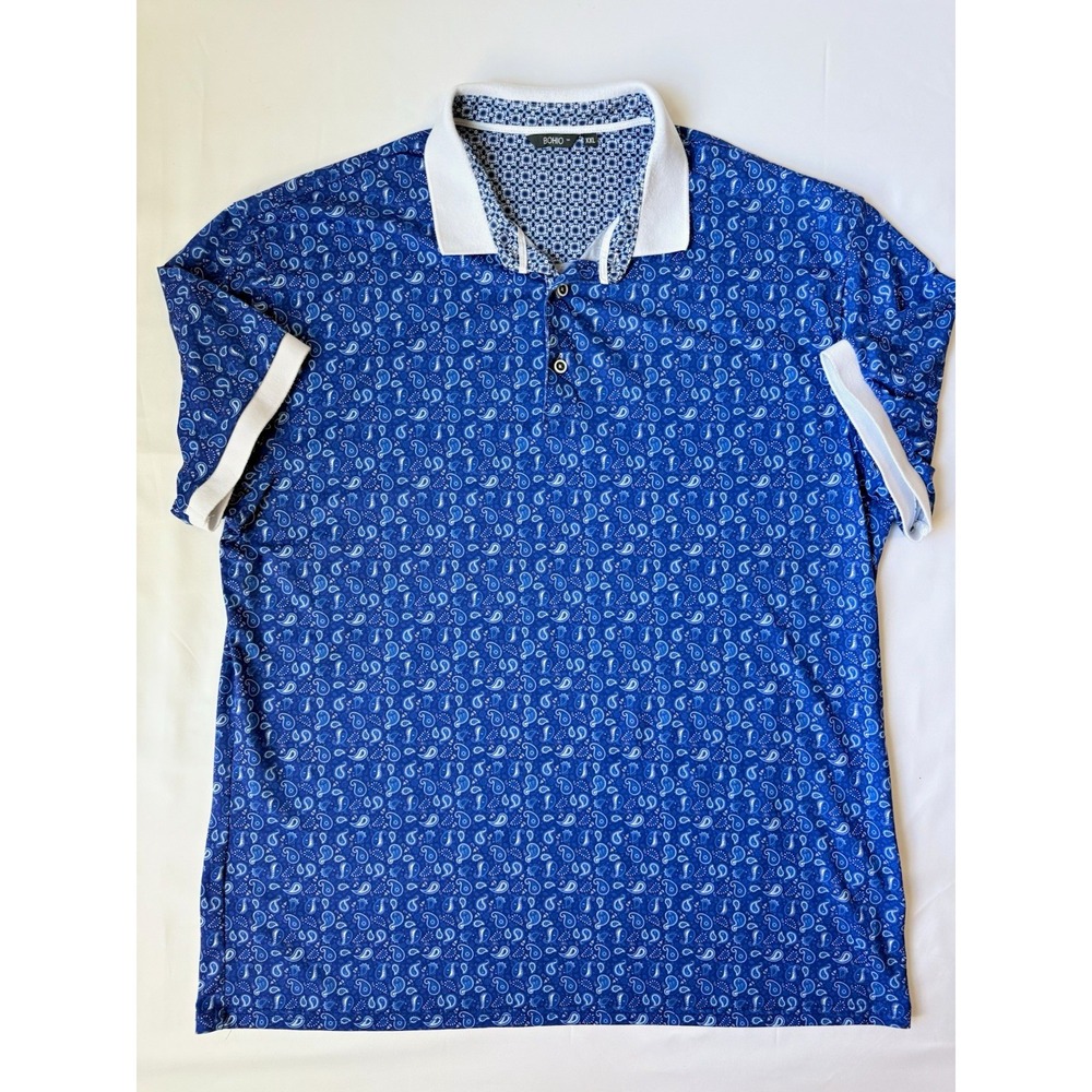 Bohio Mens XXL Polo Shirt Blue Paisley Print Short Sleeve White Trim Casual
